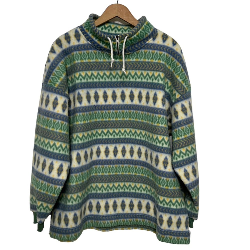 Cheetah Mervyns vintage fleece sweater with a blue and green geometric pattern